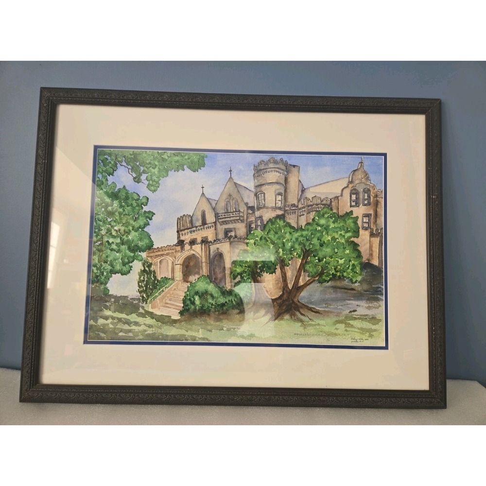 Original Watercolor Church Building Proverbs 18:10 Framed  S